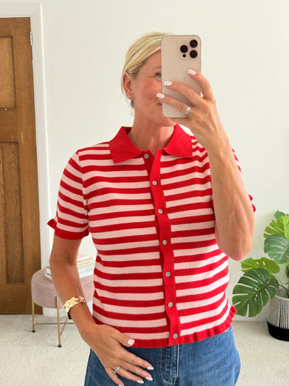 Pink/Red Stripe Knit Polo S/S Cardigan