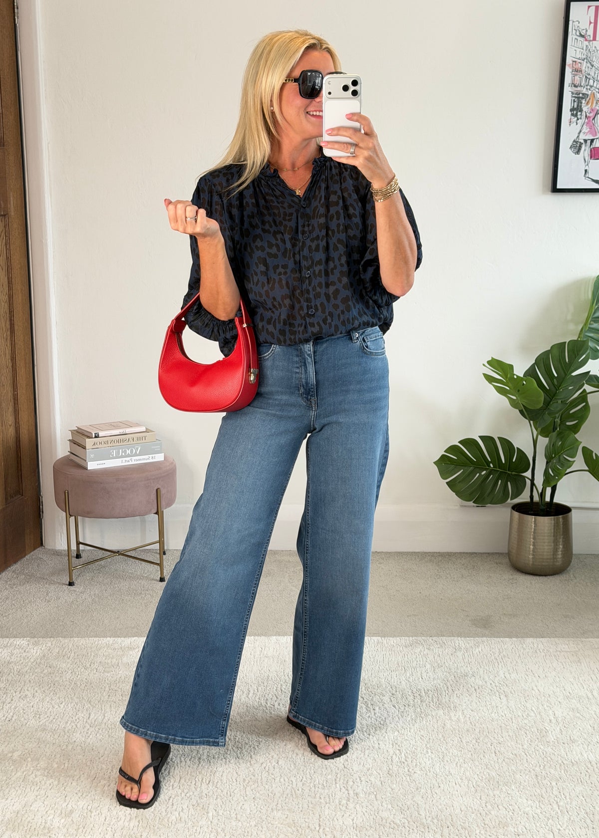 Navy Leopard 3/4 Puff Sleeve Blouse