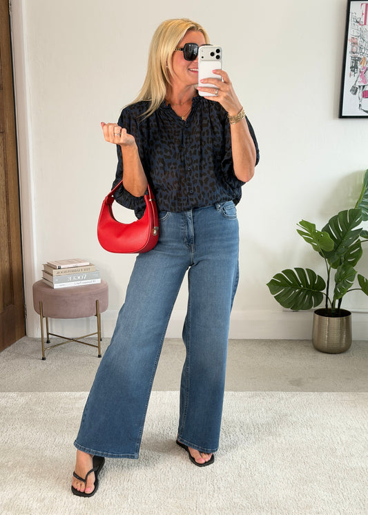 Navy Leopard 3/4 Puff Sleeve Blouse