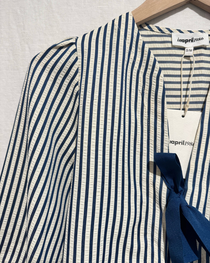 Navy Stripe Tie Front Puff Sleeve Blouse