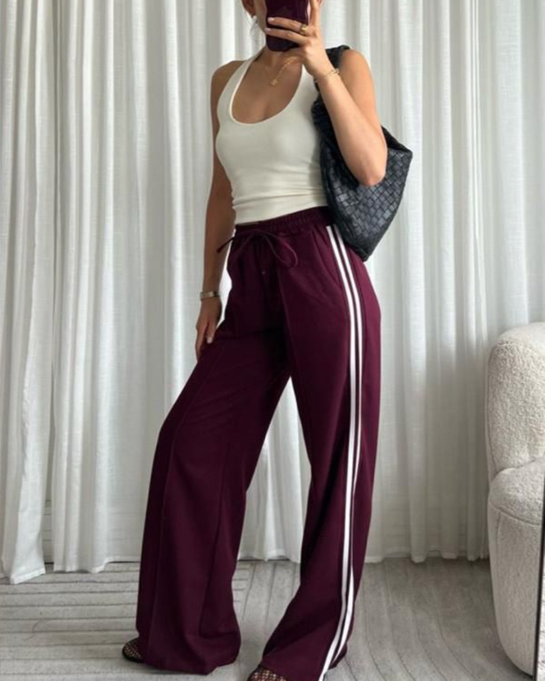 Grey Twill Double Stripe Wide Leg Trousers