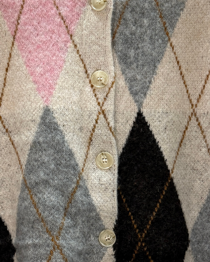 Oatmeal/Pink Argyle Crew Neck Cardigan