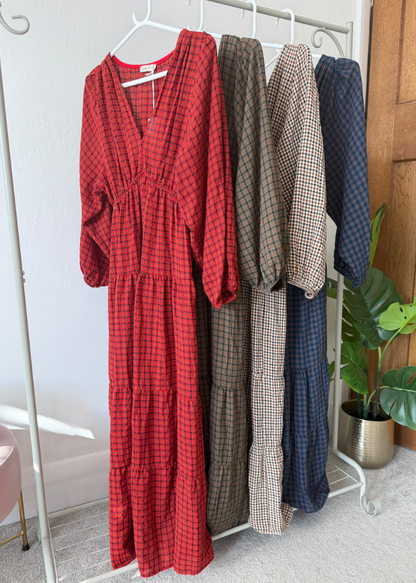 Navy Heritage Check V-Neck Tiered Dress