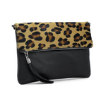 Foldover Leopard Print Leather Clutch