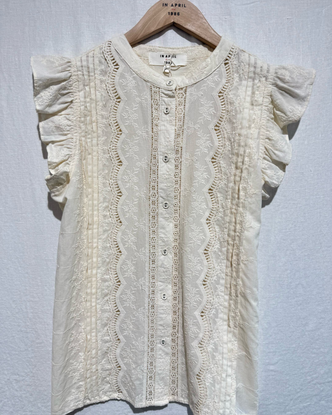 Oatmeal Frill Sleeve Lace Embroidered Blouse