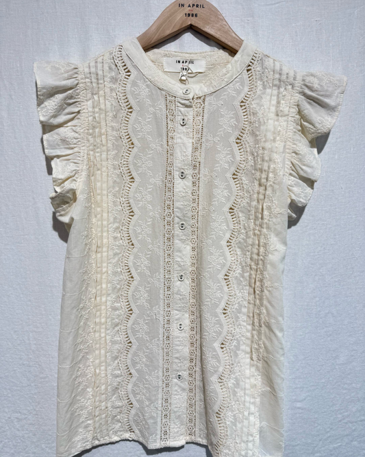 Oatmeal Frill Sleeve Lace Embroidered Blouse