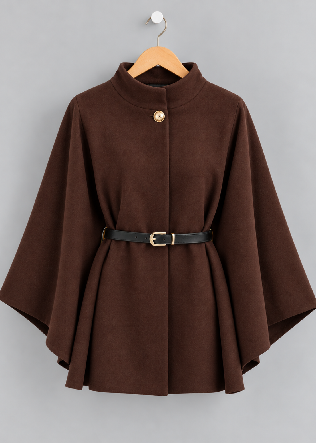Black Funnel Neck Belted Cape Jacket