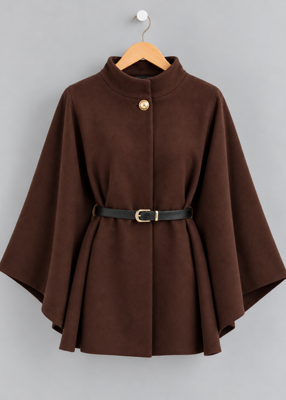 Black Funnel Neck Belted Cape Jacket