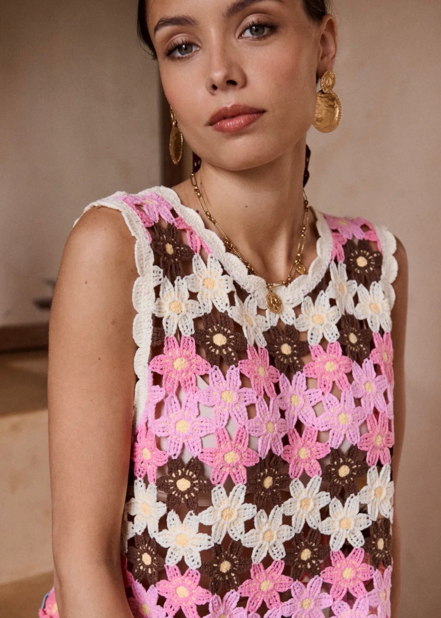 Blue/Green Daisy Crochet Knit Tank Top