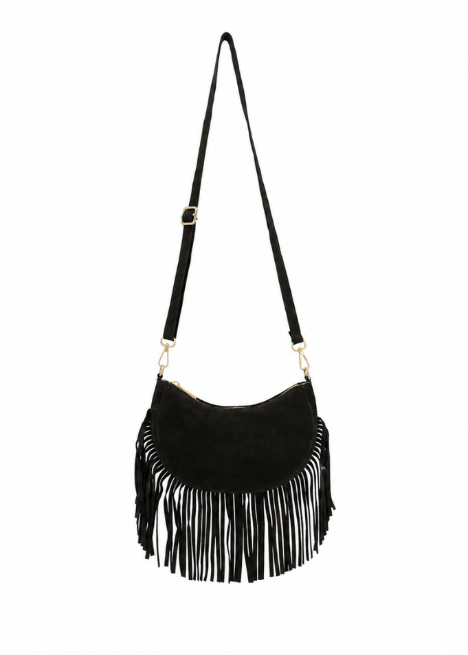 Taupe Suede Fringe Shoulder Bag
