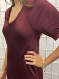 Burgundy Short Sleeve Satin Slip Dress