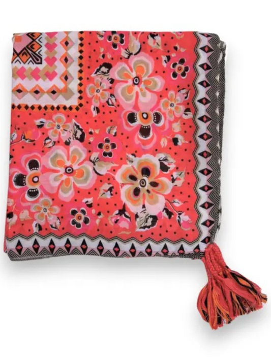 Coral Summer Flower Tassel Square Scarf