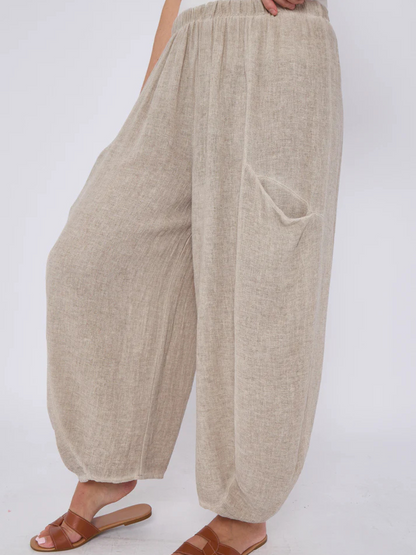 Mocha Washed Linen Barrel Pocket Trousers