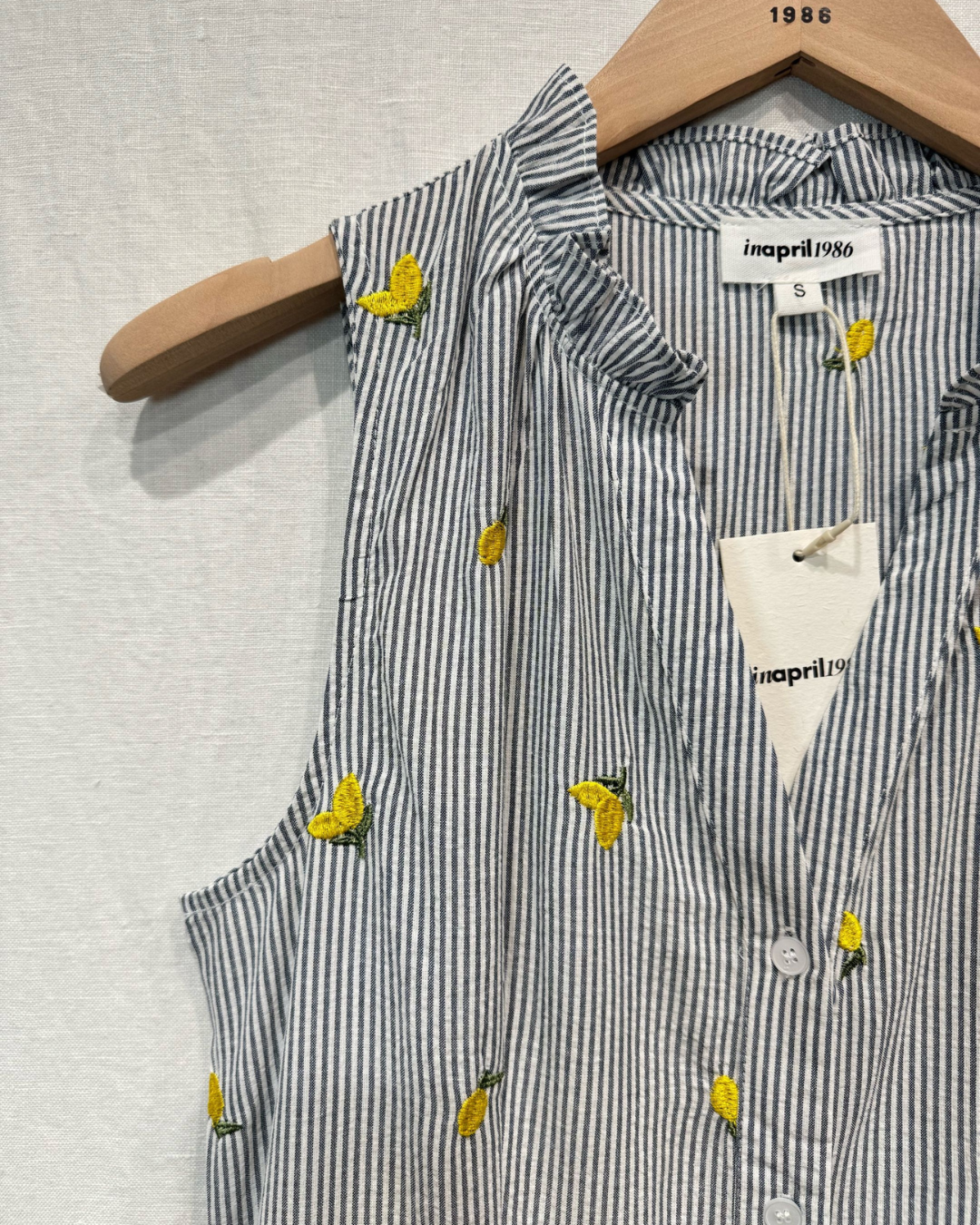 Navy Stripe Lemon Embroidered Tiered Dress