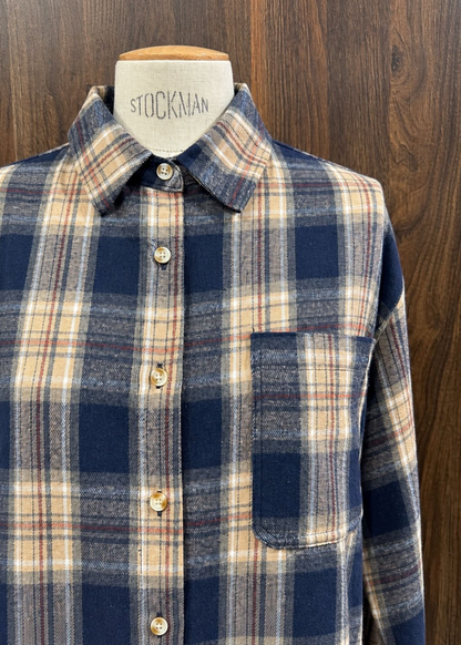 Navy Check Brushed Cotton Blend Shirt