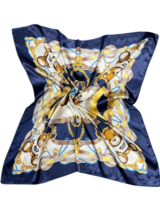Navy Bear Pattern Silk Touch Square Scarf