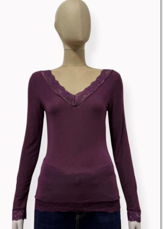 Plum Cashmere Mix Lace Trim Layering Top
