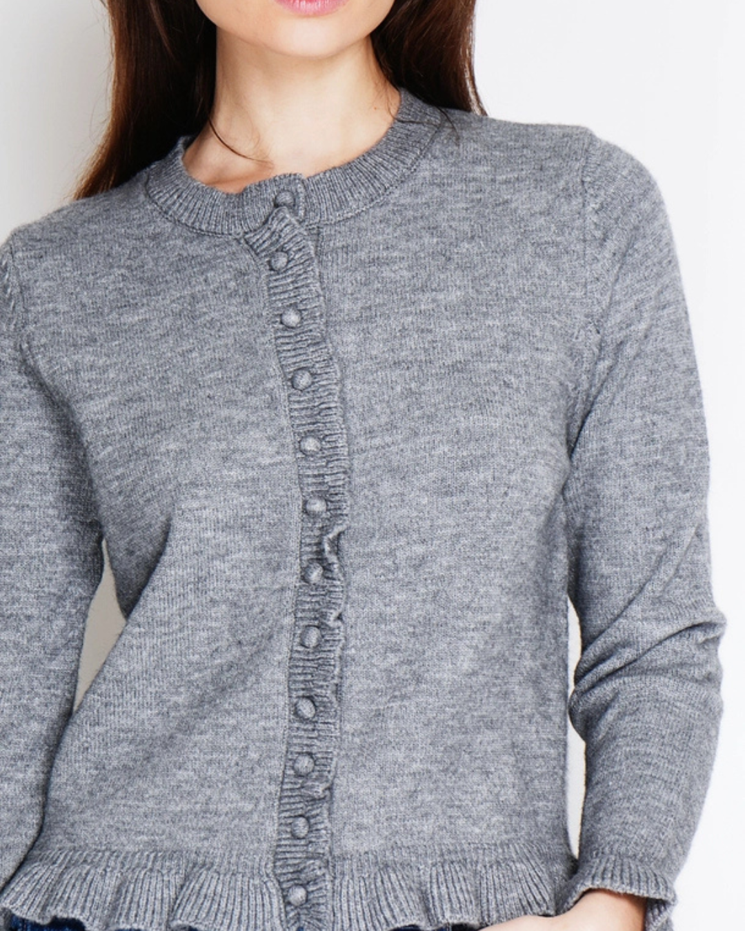 Grey Ruffled Buttoned Cardigan