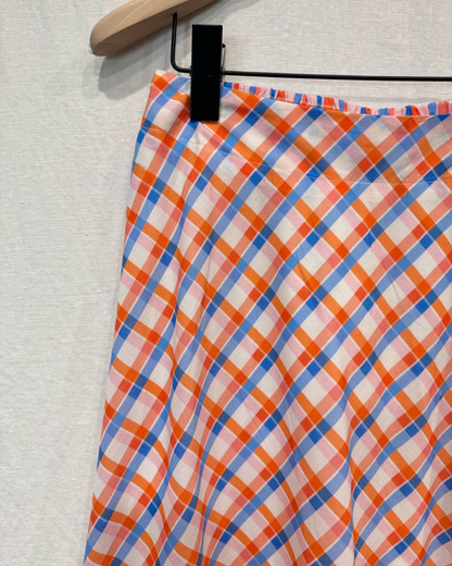 Orange/Blue Retro Check Flared Midi Skirt