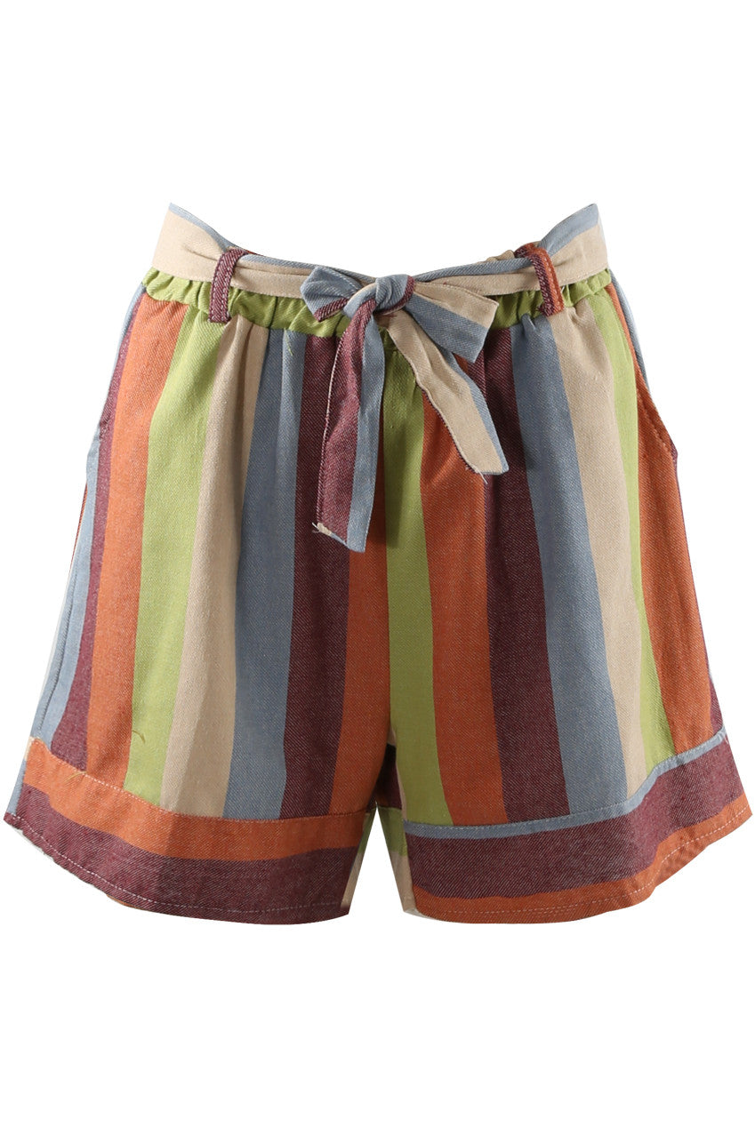 Orange Multi Stripe Tie Waist Shorts