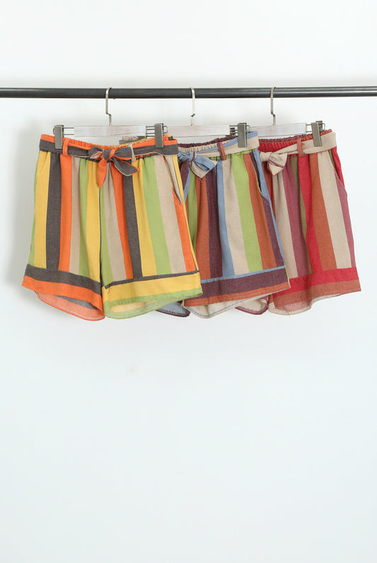 Orange Multi Stripe Tie Waist Shorts