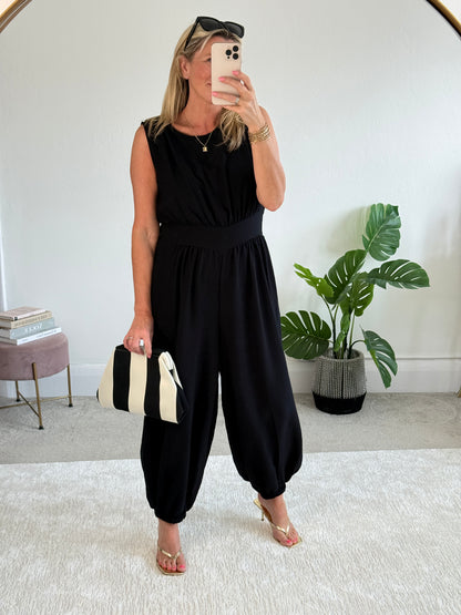 Black Elasticated Sleeveless Harem Jumpsuit