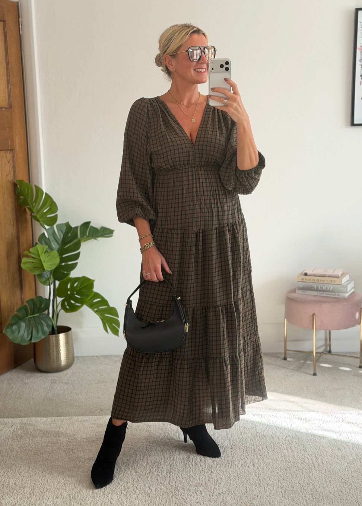 Khaki Heritage Check V-Neck Tiered Dress