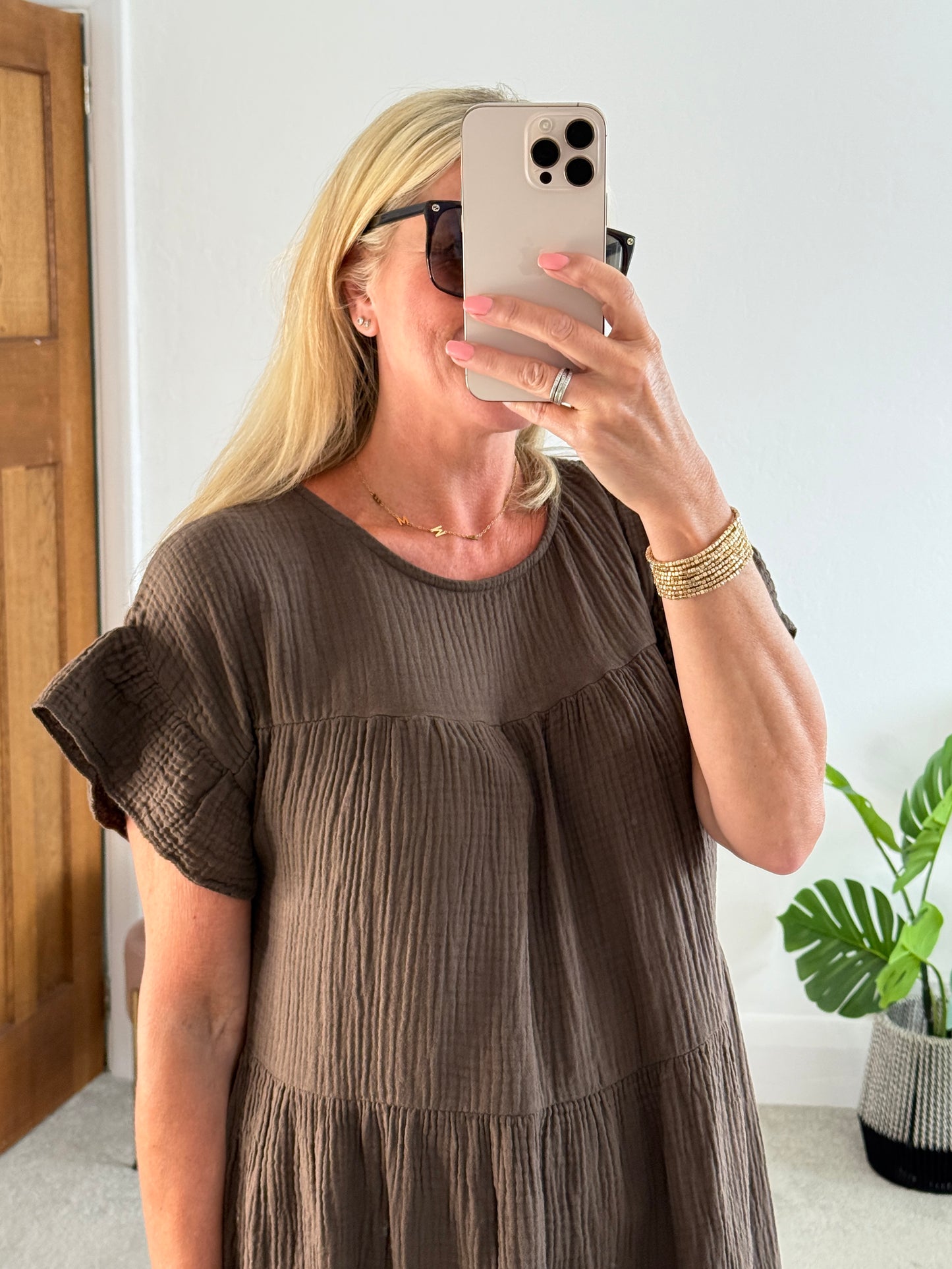 Chocolate Cheesecloth Frill Shoulder Dress