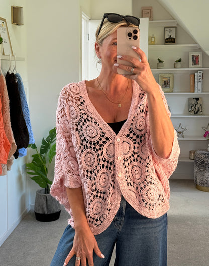 Baby Pink Circle Design Crochet Cardigan