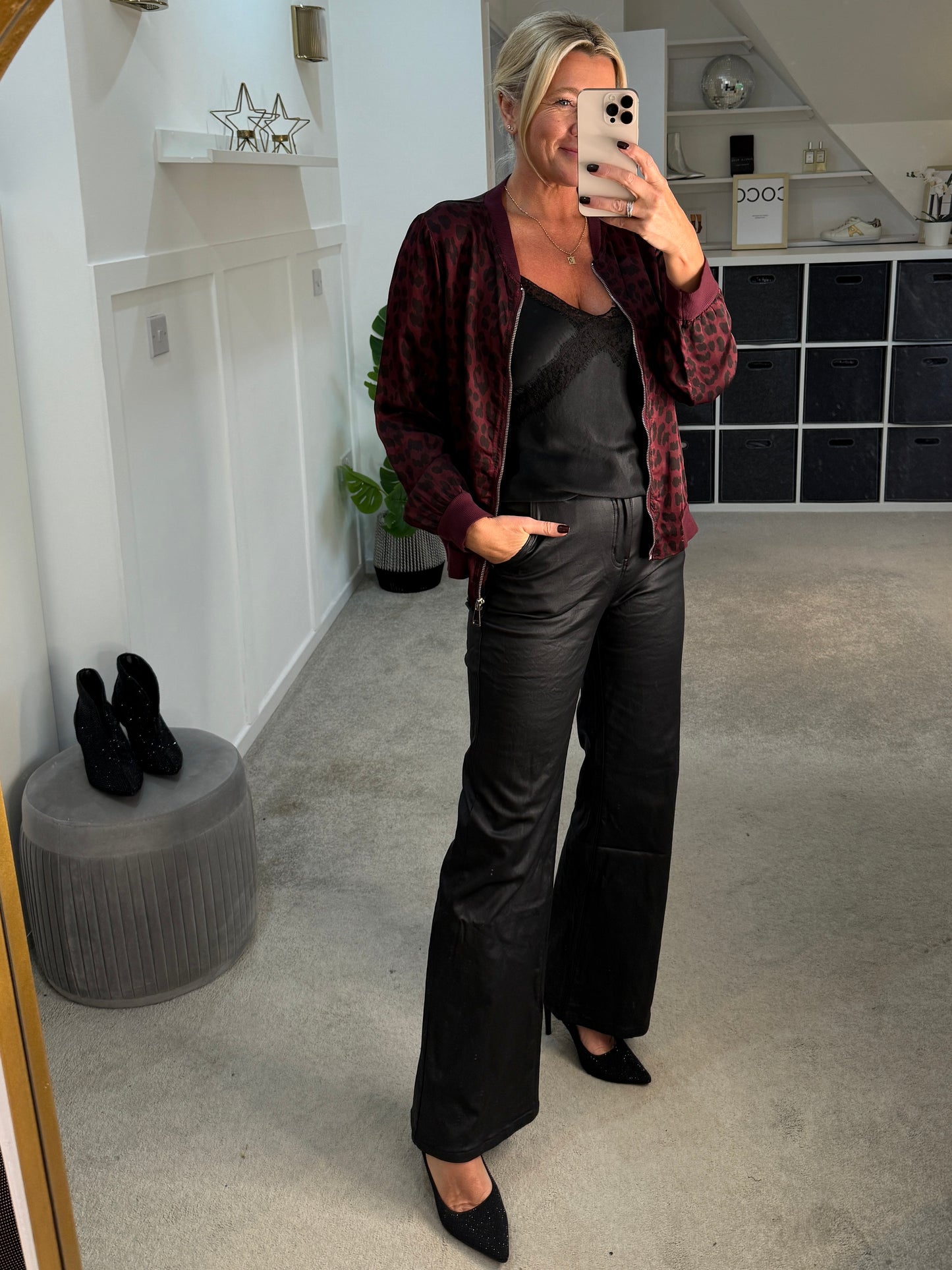 Burgundy Leopard Silk Mix Bomber Jacket