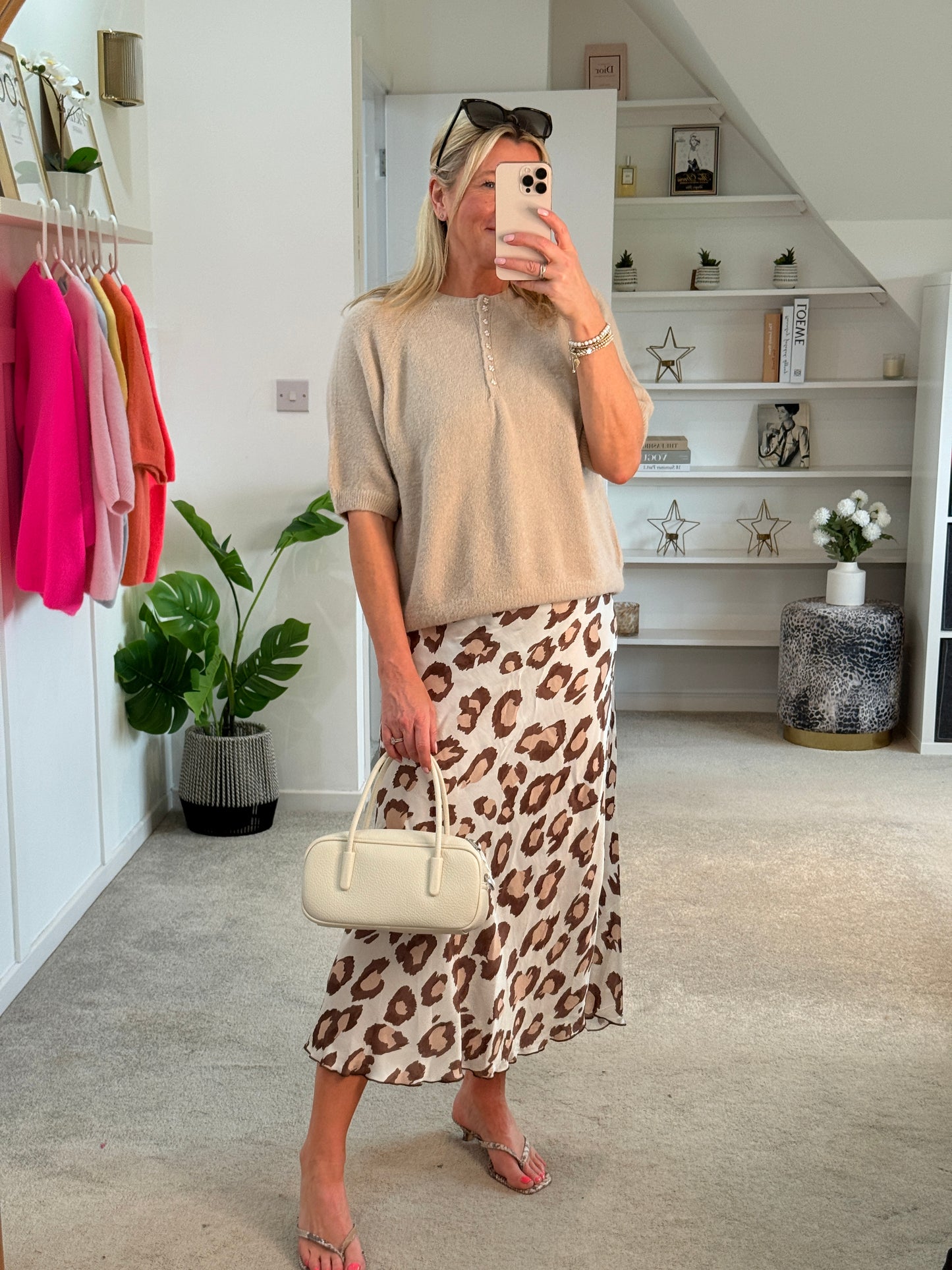 Beige Leopard Satin Slip Skirt