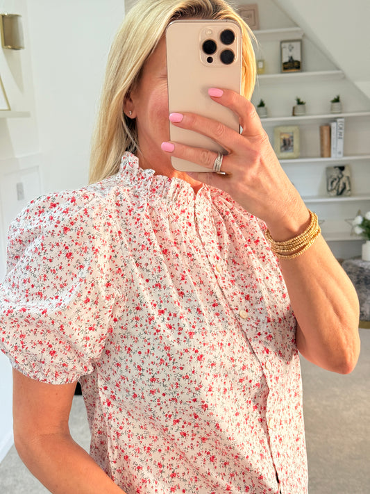 Pink/Red Floral Puff Sleeve Blouse