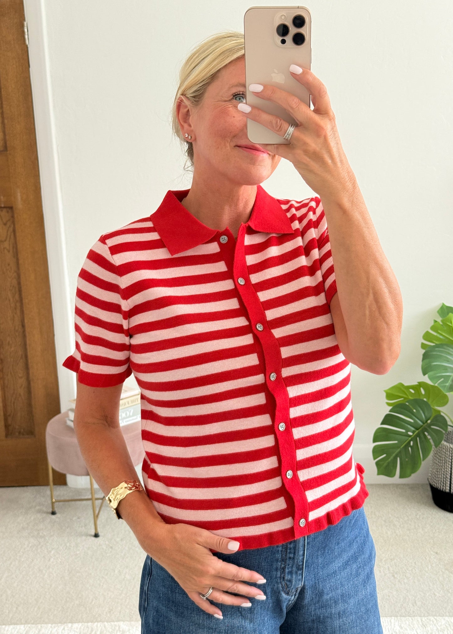Pink/Red Stripe Knit Polo S/S Cardigan