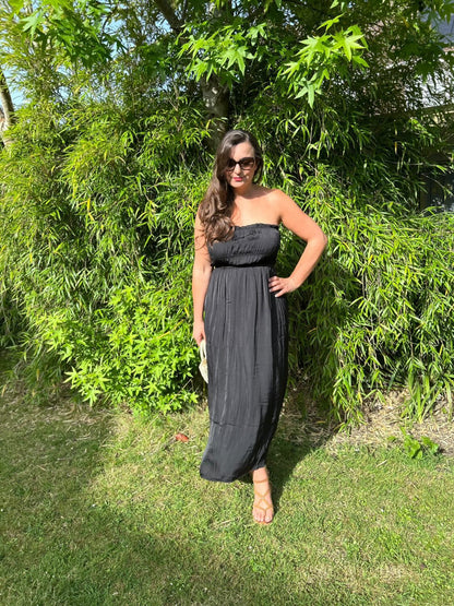 Black Strapless Shirred Dress