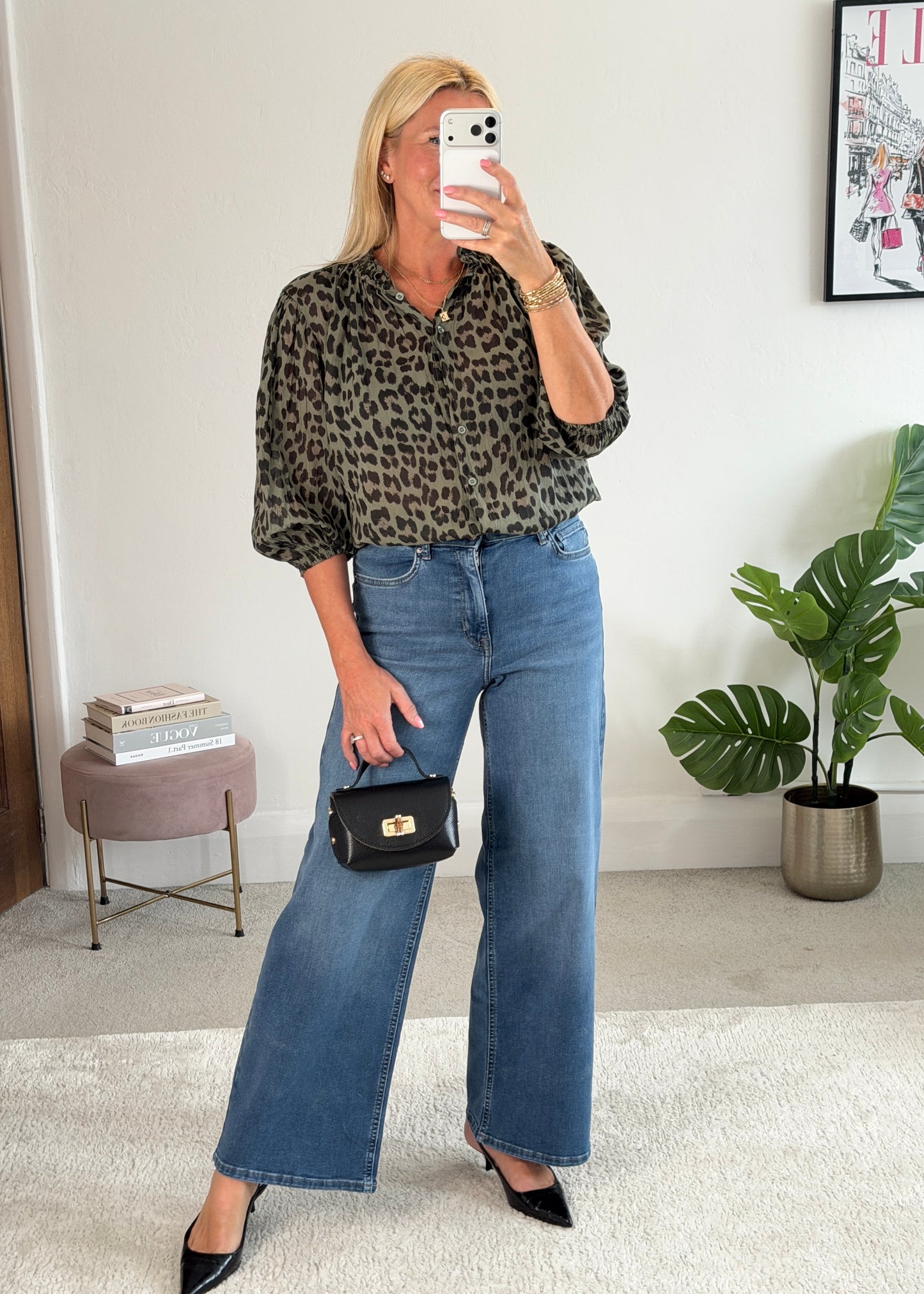 Khaki Leopard 3/4 Puff Sleeve Blouse