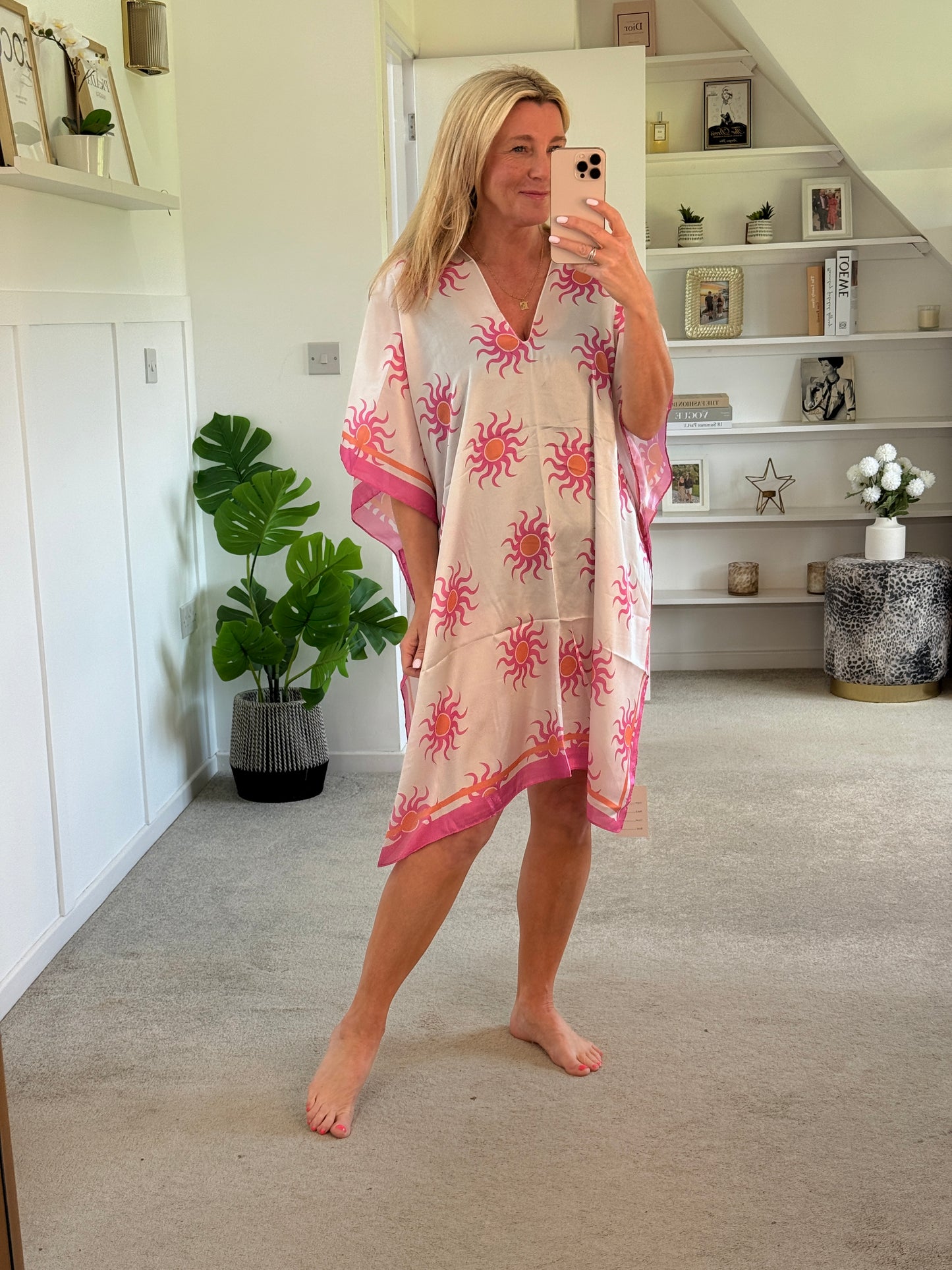 Mint/Pink Sun Print Floaty Kaftan Dress