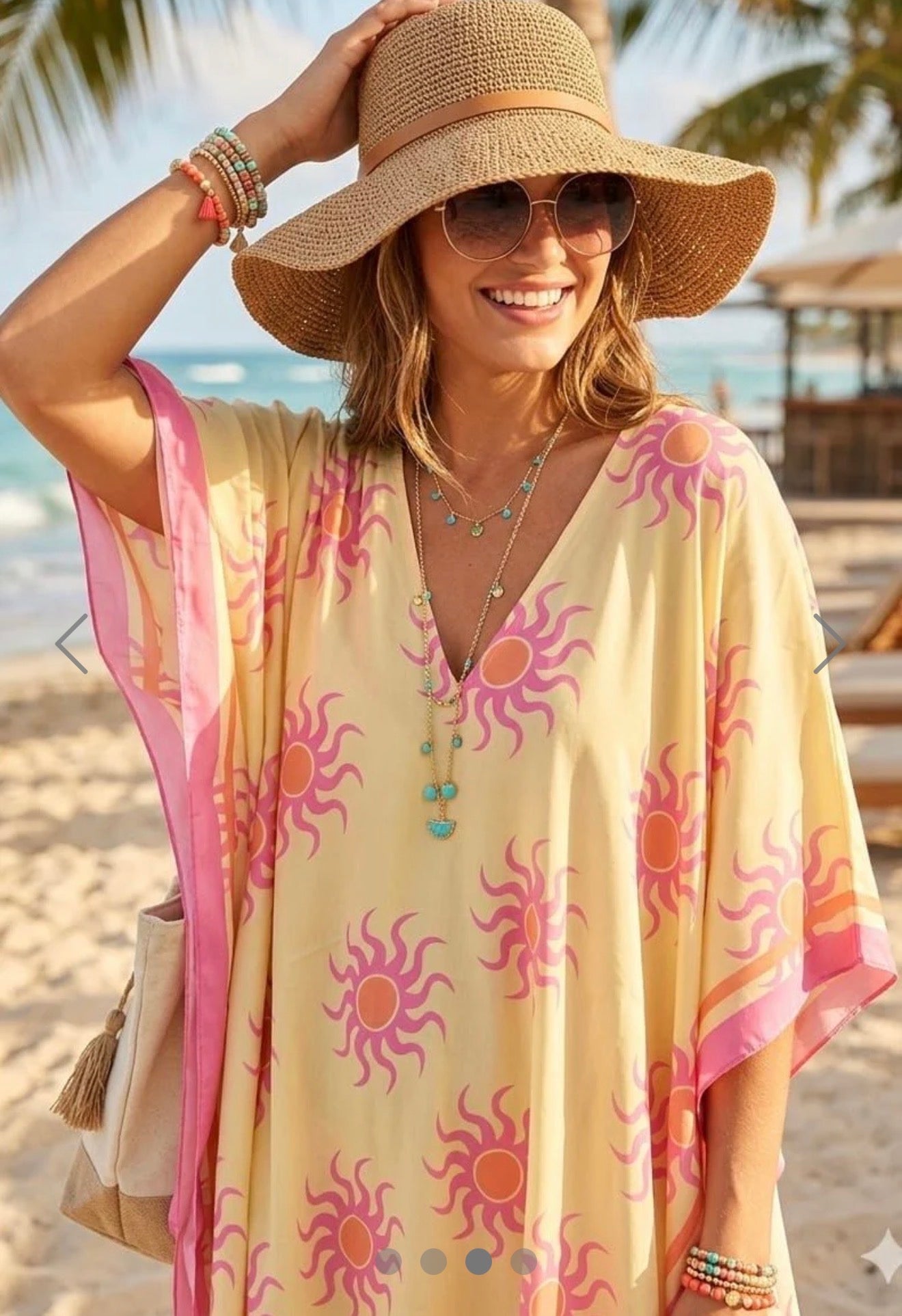 Lemon/Pink Sun Print Floaty Kaftan Dress