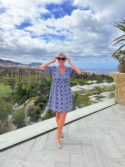 Navy Check Floral Embroidered Dress
