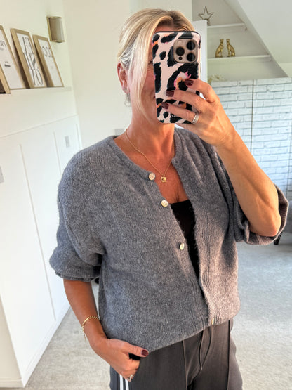 Grey Alpaca Mix Frill Sleeve Cardigan