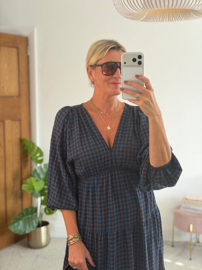 Navy Heritage Check V-Neck Tiered Dress
