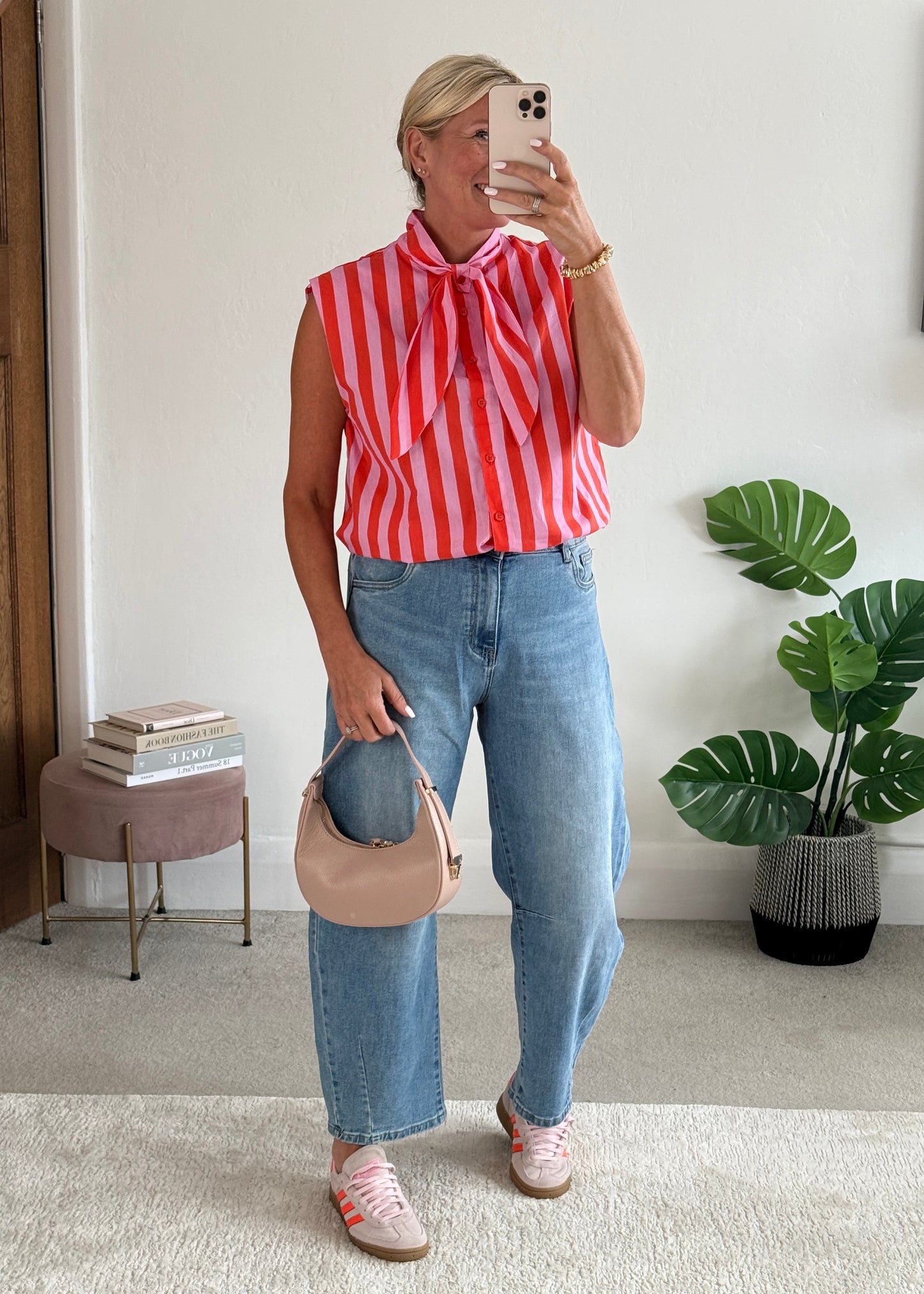 Pink/Orange Stripe Tie-Neck Blouse