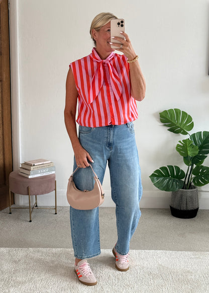 Pink/Orange Stripe Tie-Neck Blouse