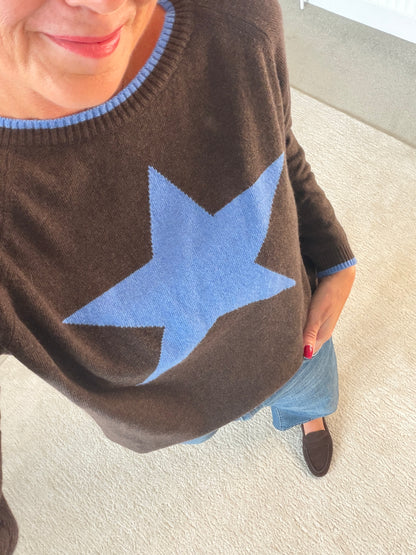 Chocolate/Cornflower Cashmere Mix Star Jumper