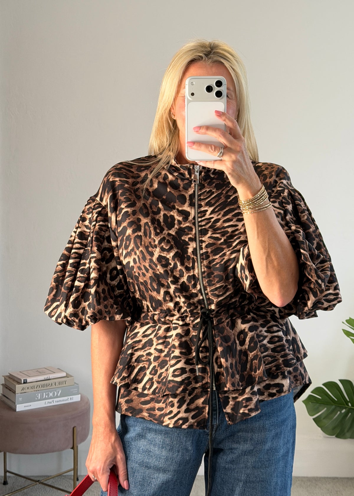 Leopard Balloon Sleeve Peplum Jacket