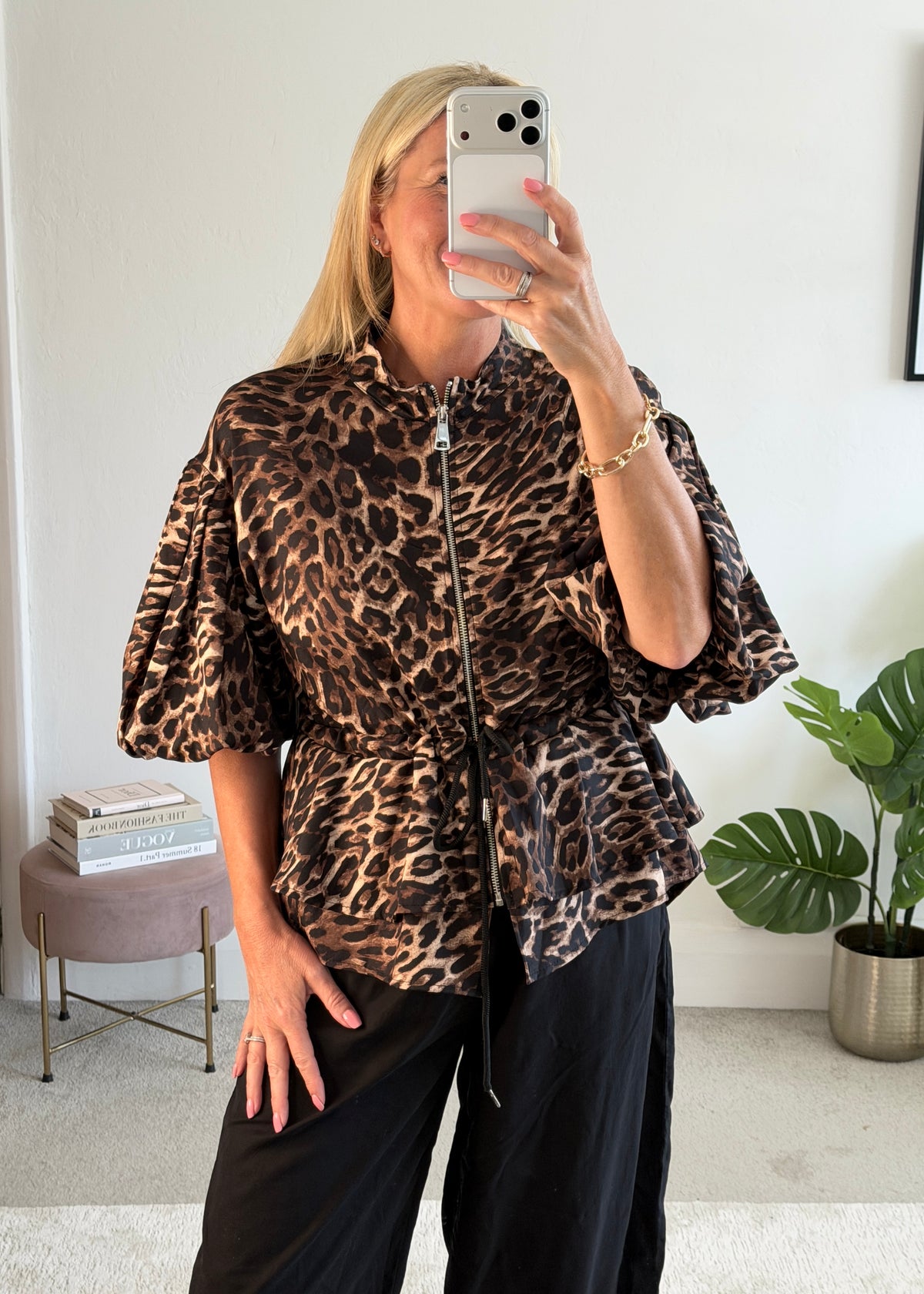 Leopard Balloon Sleeve Peplum Jacket