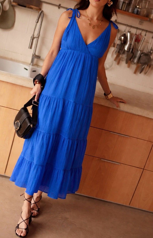 Cobalt Blue Tie Strap Tiered Maxi Dress