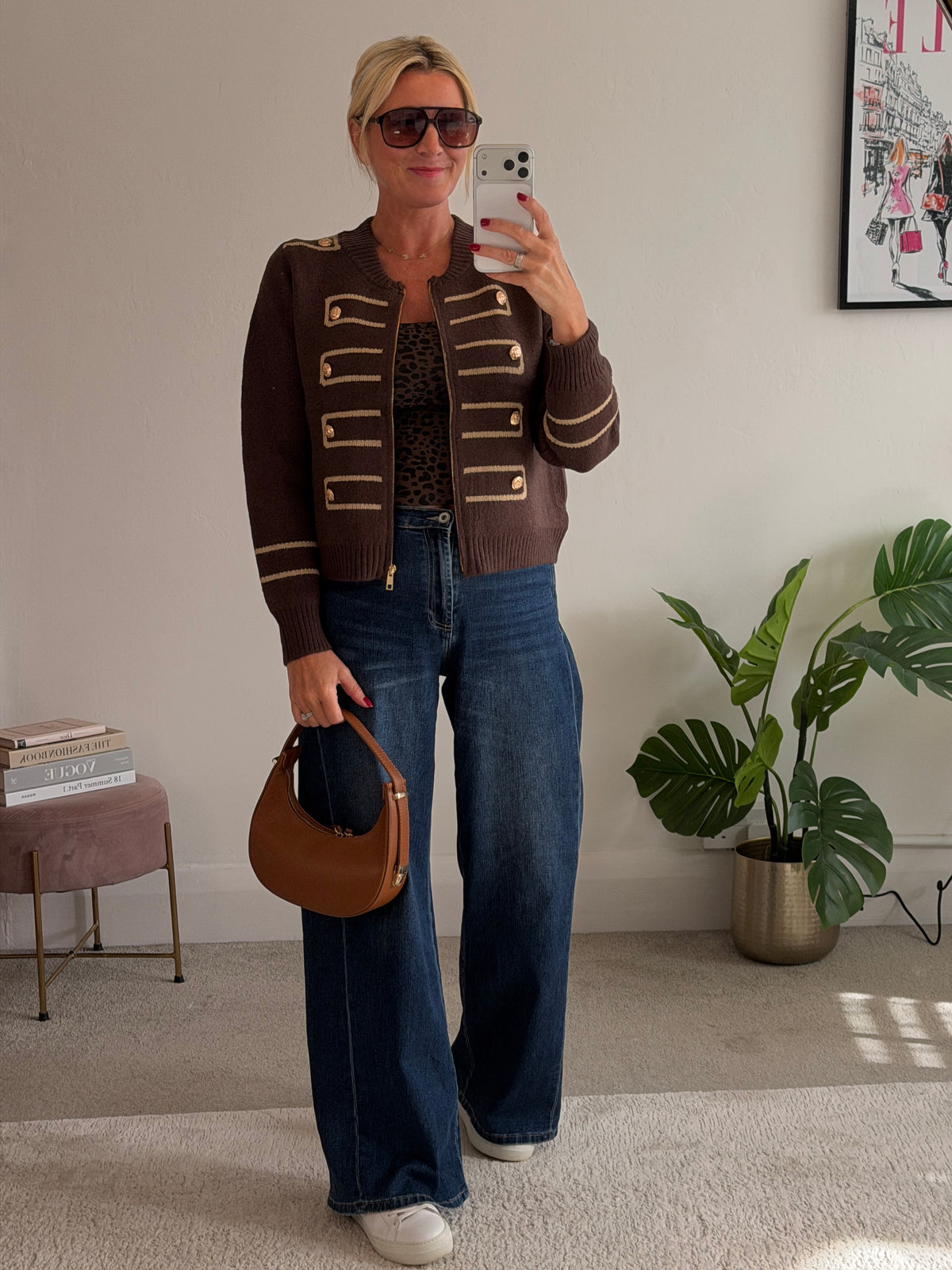 Chocolate Military Zip Front Knitted Cardi