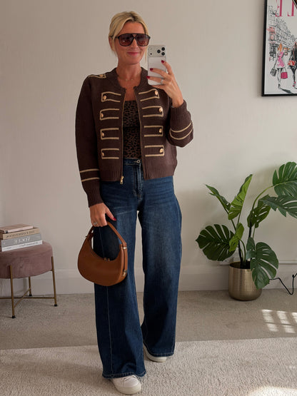 Chocolate Military Zip Front Knitted Cardi