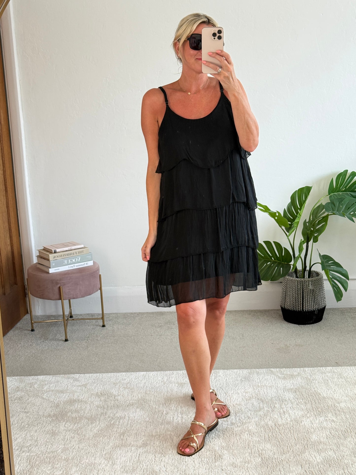 Black Silk Mix Strappy Frill Dress