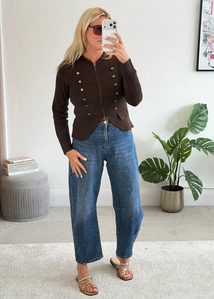 Chocolate Military Button Zip Knit Jacket